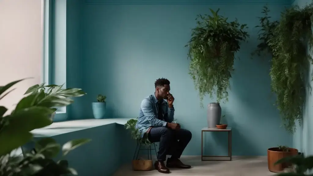 a person with depression sits across from a therapist, surrounded by calming blue walls and a plant in the corner, as they engage in a focused conversation.